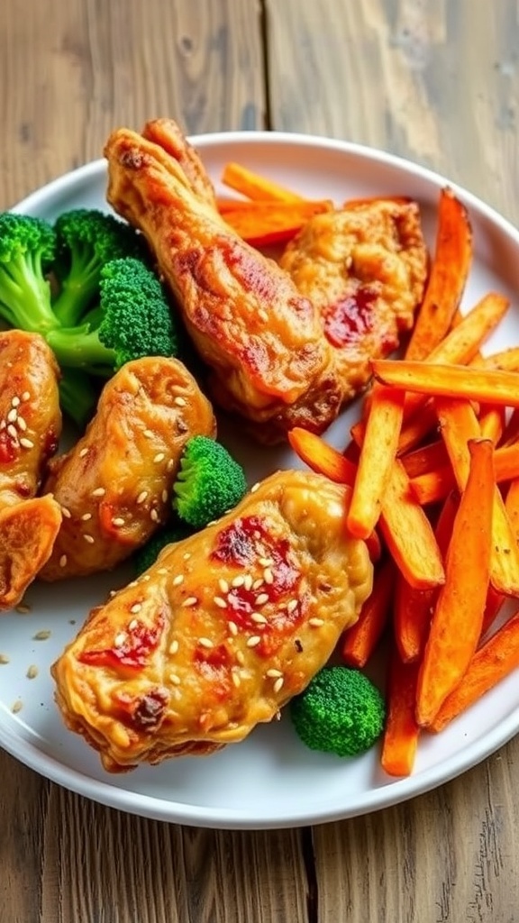 Crispy chicken wings, broccoli, and sweet potato fries on a plate, showcasing a healthy meal prepared in an air fryer.